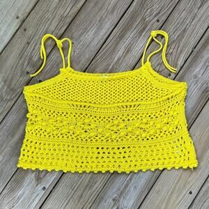 Zara Women's Bright Yellow Cropped Crochet Sweater Size L